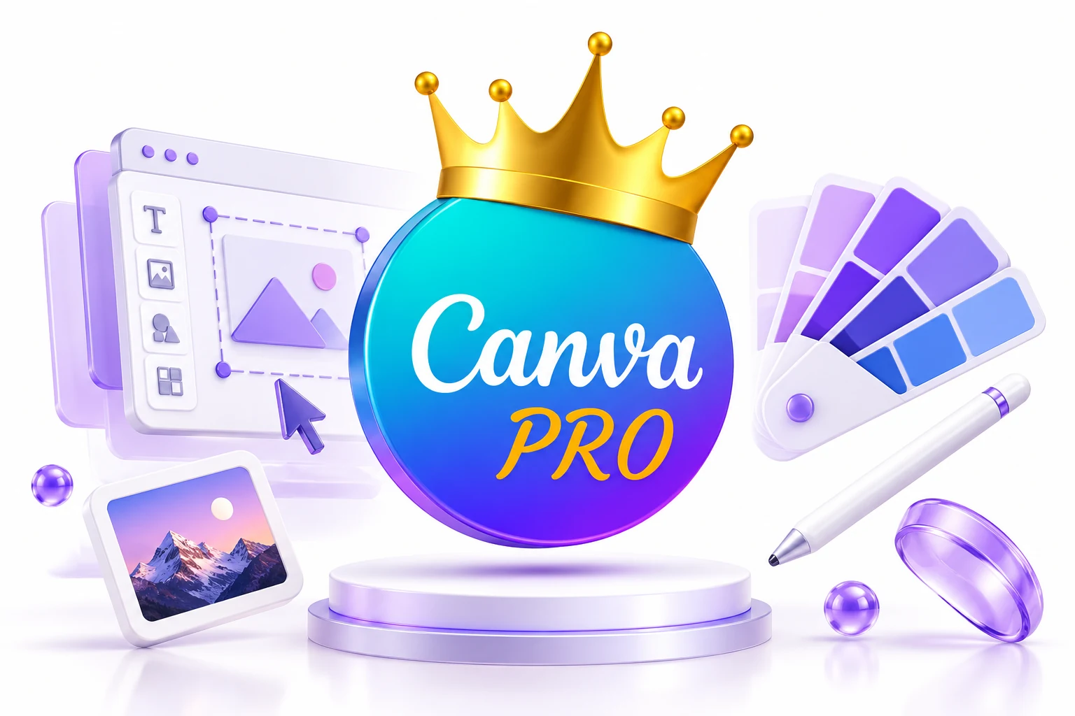 Canva Pro logo with three-dimensional design canvases, colour swatches and creative tools
