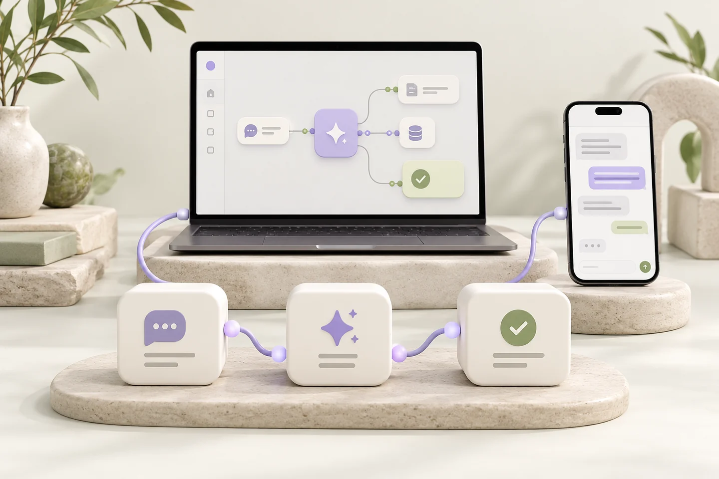 AI automation concept with a laptop workflow, connected chat phone and message-to-reply steps